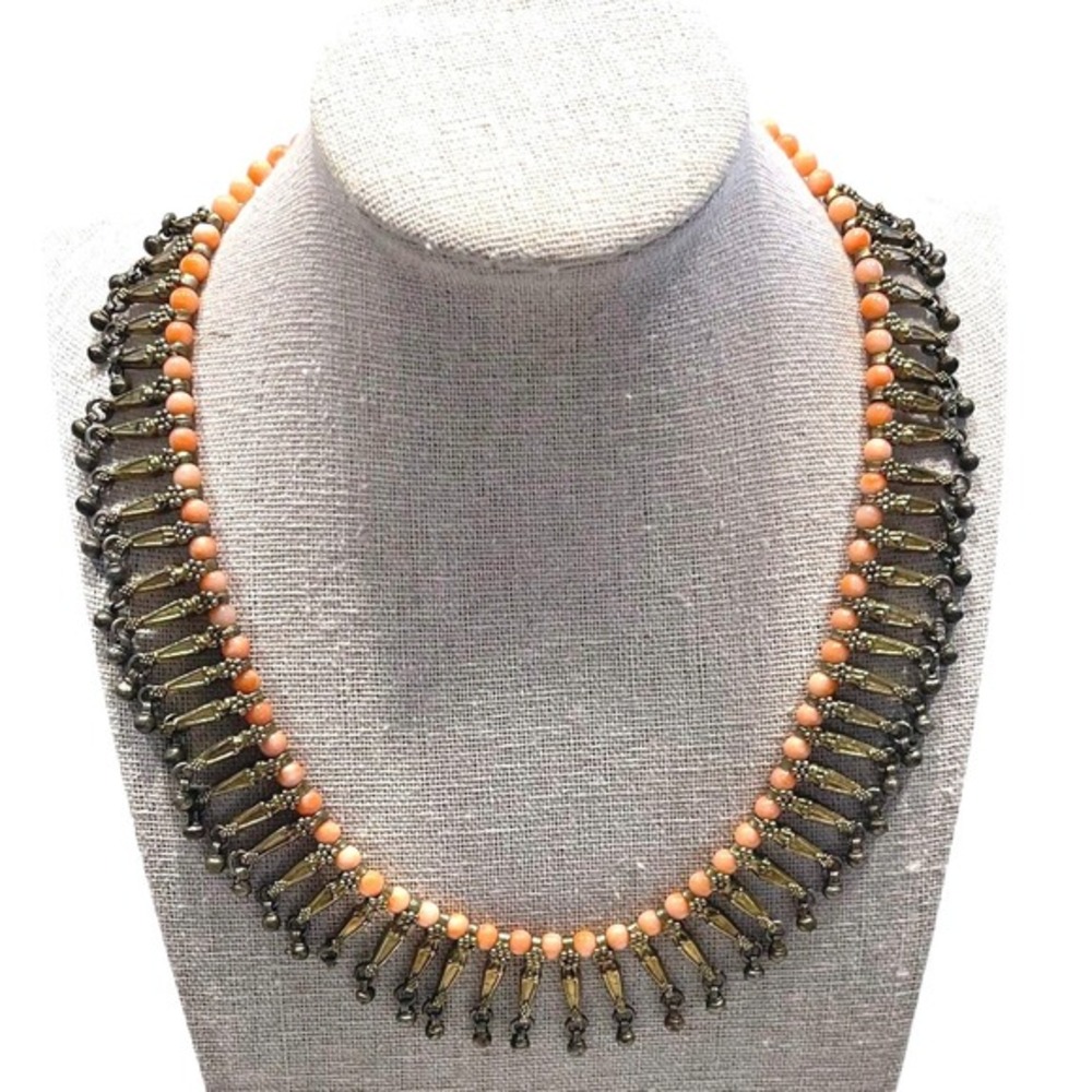 Vintage Coral Bead Fringe Necklace Brass Dangles‎ Salmon Pink Natural Coral Bib
